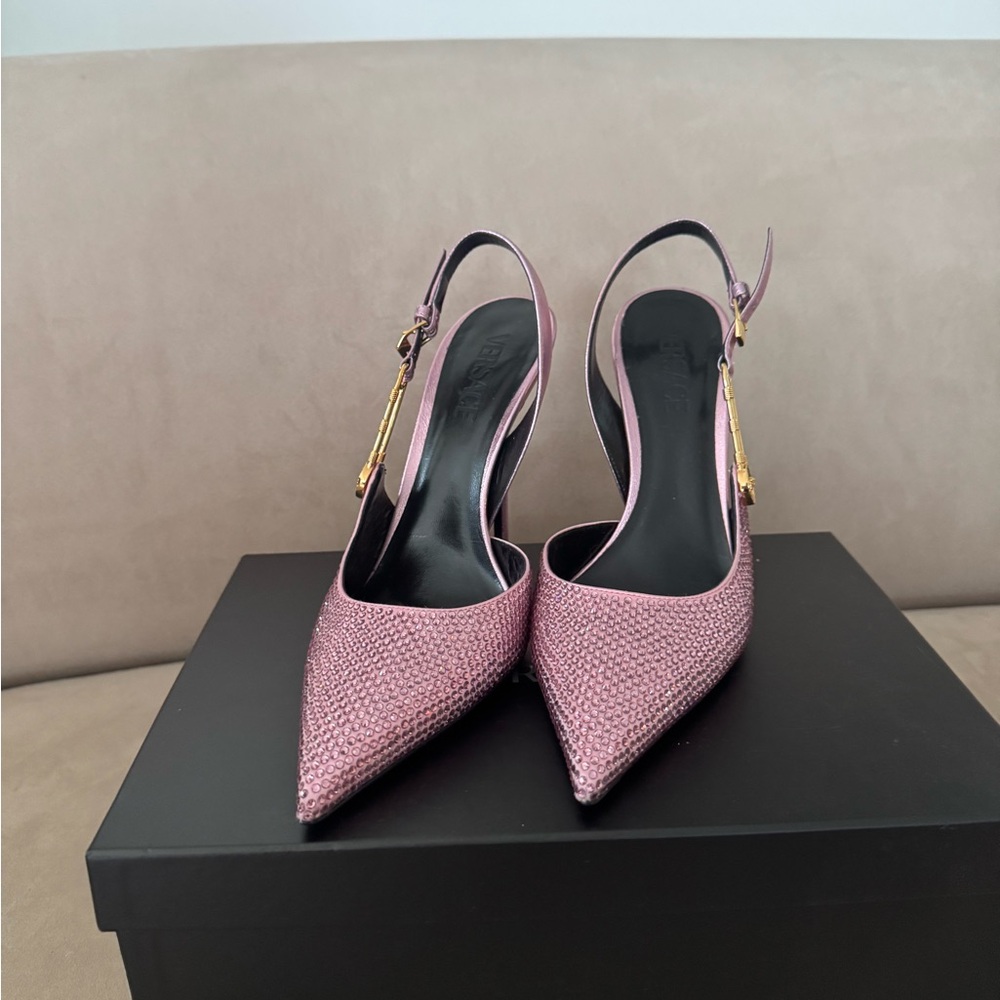 Versace Crystal Slingback Heels Pink Gold Medusa Pointed Toe Size 41/US10